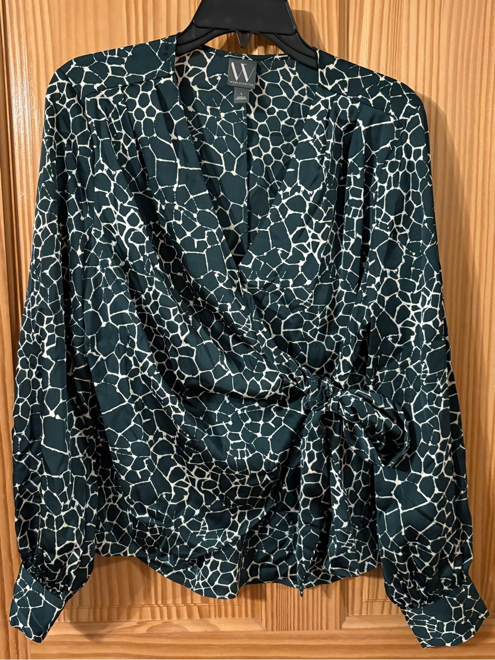 Worthington Dark Green and White Abstract Wrap Blouse